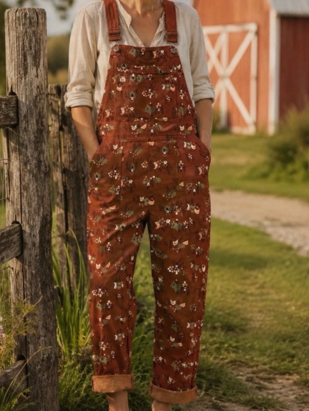 Duluth Women Heirloom Gardening Overalls L-29 Rust Gnome Chicken Fall